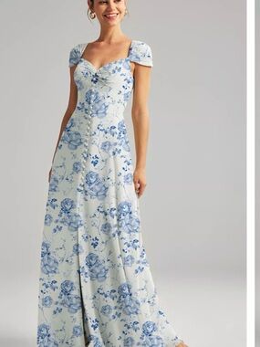 Blue Floral Sweetheart Maxi Dress with Cap Sleeves